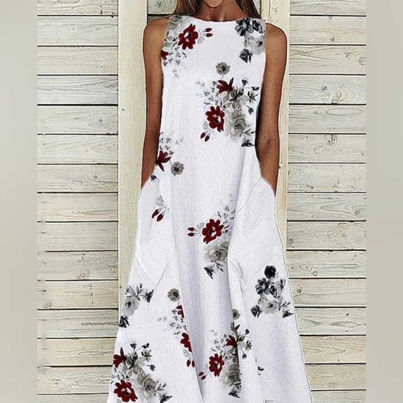 Floral A LINE Crew Neck MIDI DRESS with Pockets Women Size Small White NWOT - Picture 3 of 7